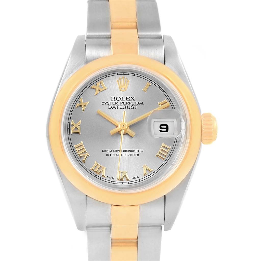 The Rolex Datejust 79163 Women's Steel and Gold (two tone) Grey Dial 79163 Women's Steel and Gold (two tone) Grey Dial watch is shown from the front, displaying the dial, bezel, crown, and part of the bracelet.