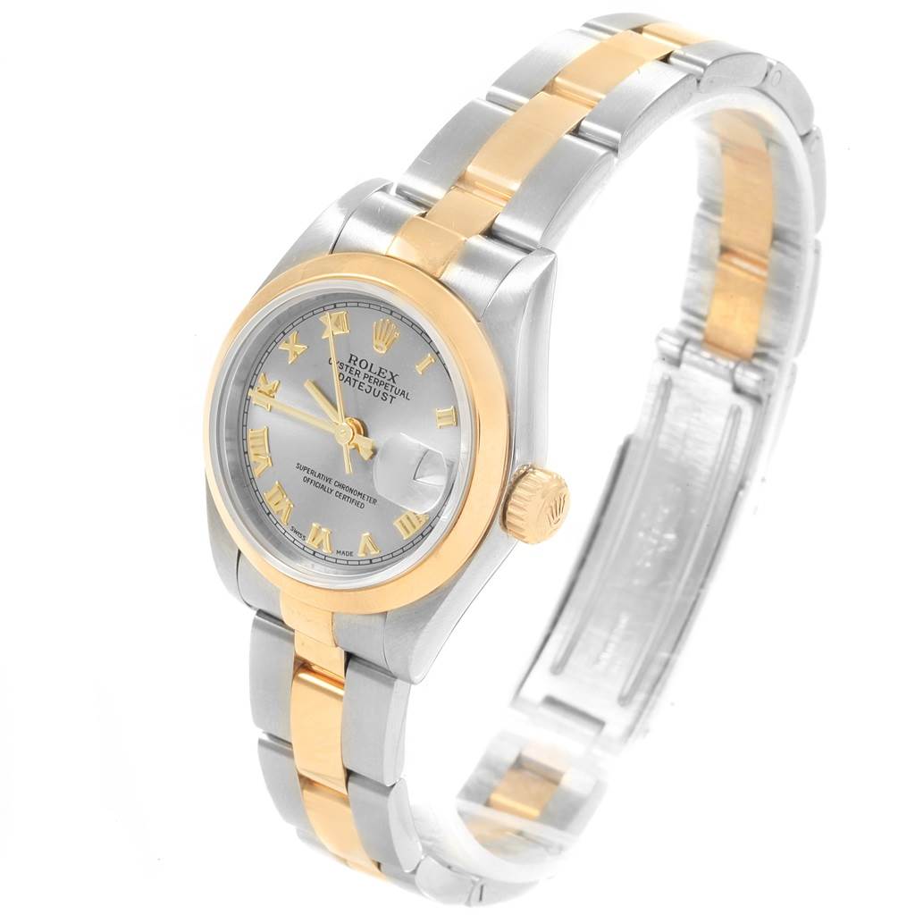 The image shows the Rolex Datejust 79163 Women's Steel and Gold (two tone) Grey Dial 79163 Women's Steel and Gold (two tone) Grey Dial model at a slight angle from the front, highlighting the watch face, bezel, and two-tone bracelet.