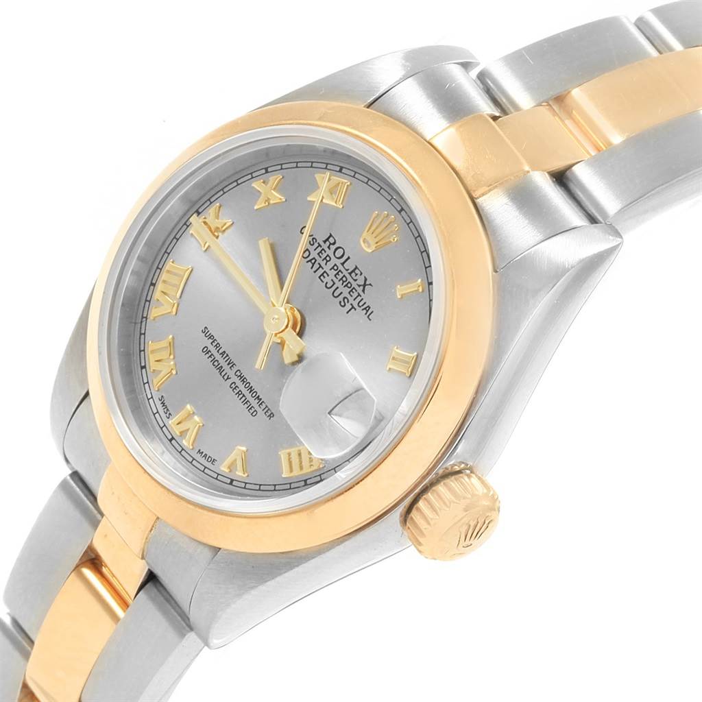 This image shows a close-up of the Rolex Datejust 79163 Women's Steel and Gold (two tone) Grey Dial 79163 Women's Steel and Gold (two tone) Grey Dial watch, highlighting its bezel, dial, crown, and part of the bracelet.
