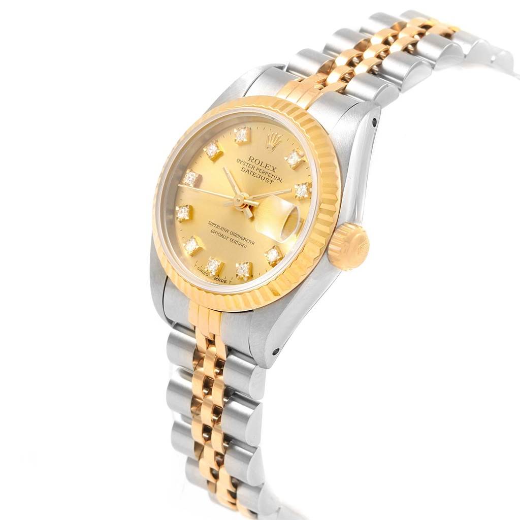 The image shows a Rolex Datejust 69173 Women's Stainless Steel Champagne Dial 69173 Women's Stainless Steel Champagne Dial watch at a three-quarter angle, highlighting the dial, bezel, crown, and part of the bracelet.