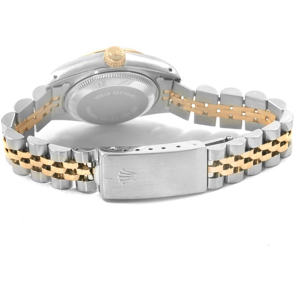 The image shows the back of a Rolex Datejust 69173 Women's Stainless Steel Champagne Dial 69173 Women's Stainless Steel Champagne Dial watch, focusing on the clasp, bracelet, crown, and case.