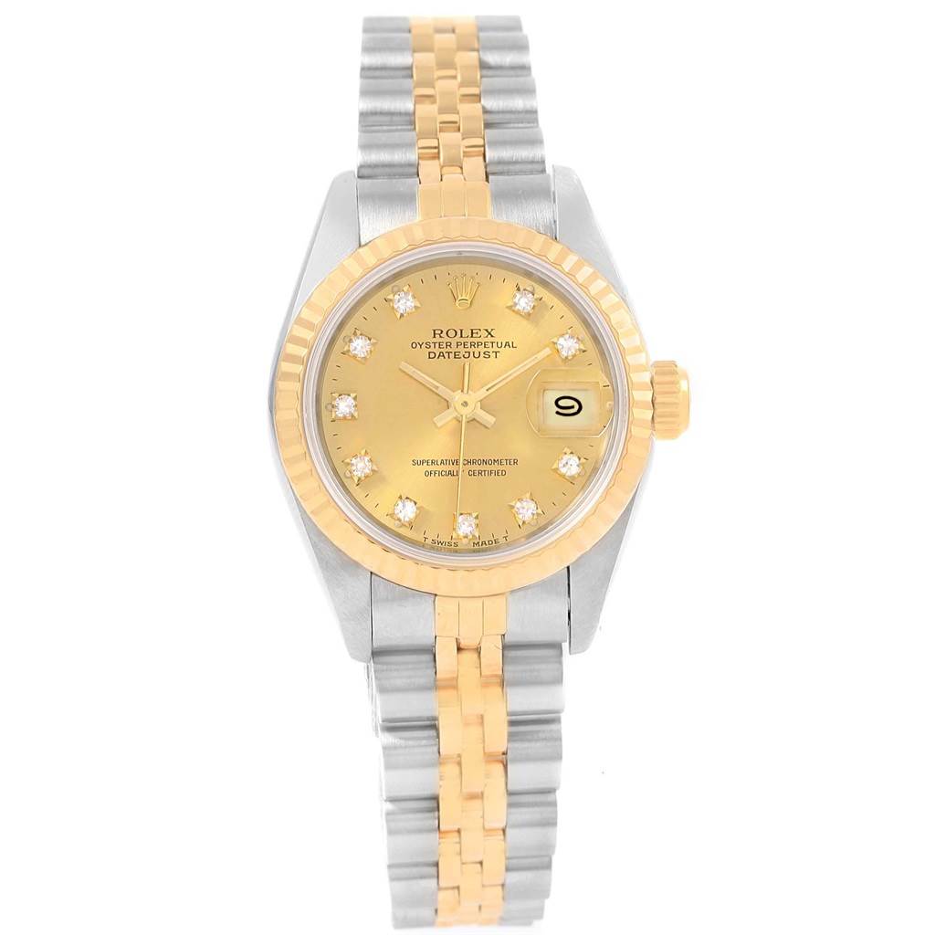 The image shows a front view of a Rolex Datejust 69173 Women's Stainless Steel Champagne Dial 69173 Women's Stainless Steel Champagne Dial watch featuring a two-tone band and a champagne diamond dial with a date window.