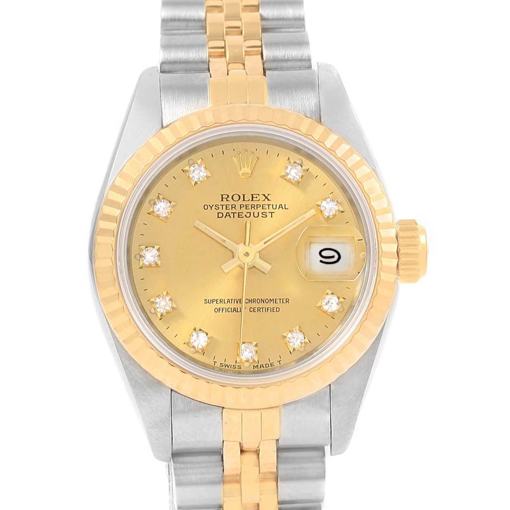 The image shows a frontal view of a Rolex Datejust 69173 Women's Stainless Steel Champagne Dial 69173 Women's Stainless Steel Champagne Dial watch, displaying its dial, bezel, crown, and part of the bracelet.