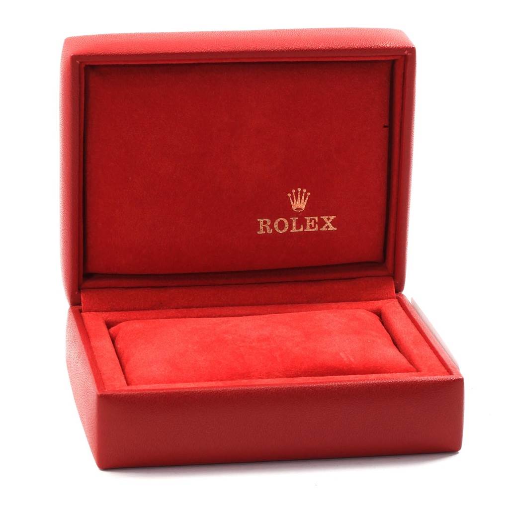 This image shows a red Rolex watch box, likely for a Datejust model, with the lid open revealing the interior pillow.