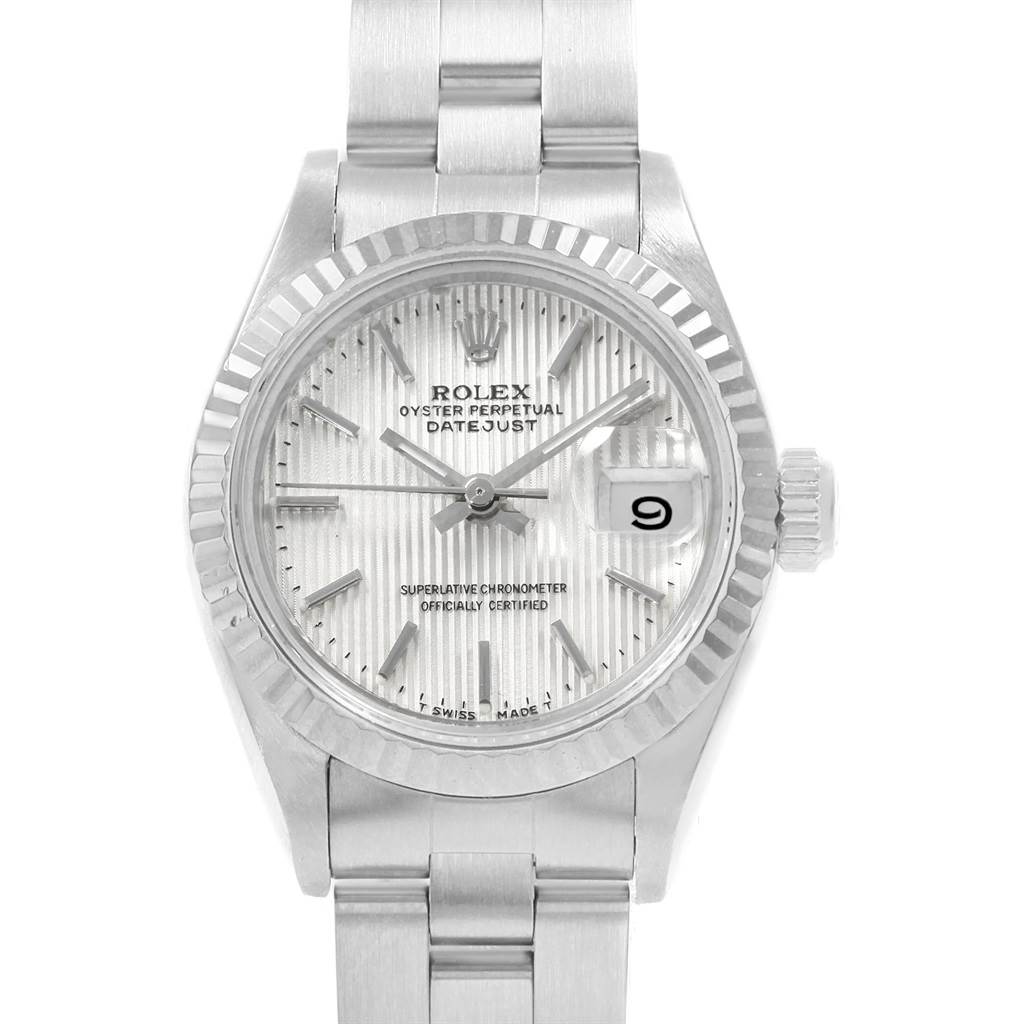 This is a frontal view of the Rolex Datejust 69174 Women's Stainless Steel Silver Dial 69174 Women's Stainless Steel Silver Dial showing its dial, bezel, bracelet, and crown.
