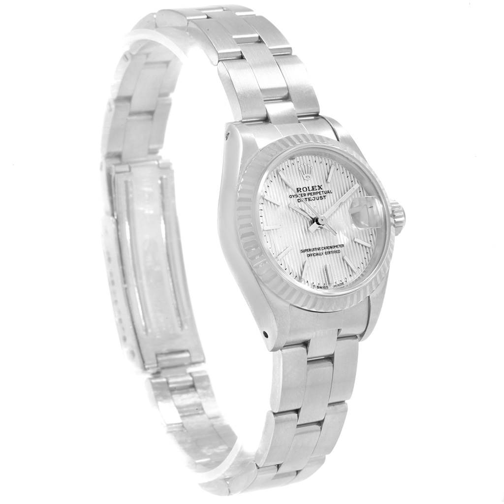 This image shows a side-angle view of the Rolex Datejust 69174 Women's Stainless Steel Silver Dial 69174 Women's Stainless Steel Silver Dial watch highlighting its bracelet, dial, and case.
