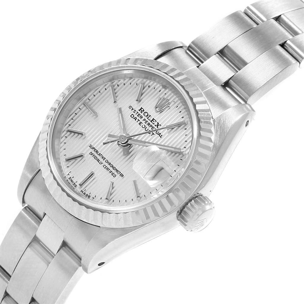 The watch shown is a Rolex Datejust 69174 Women's Stainless Steel Silver Dial 69174 Women's Stainless Steel Silver Dial model, angled to display the face, bezel, crown, and bracelet.