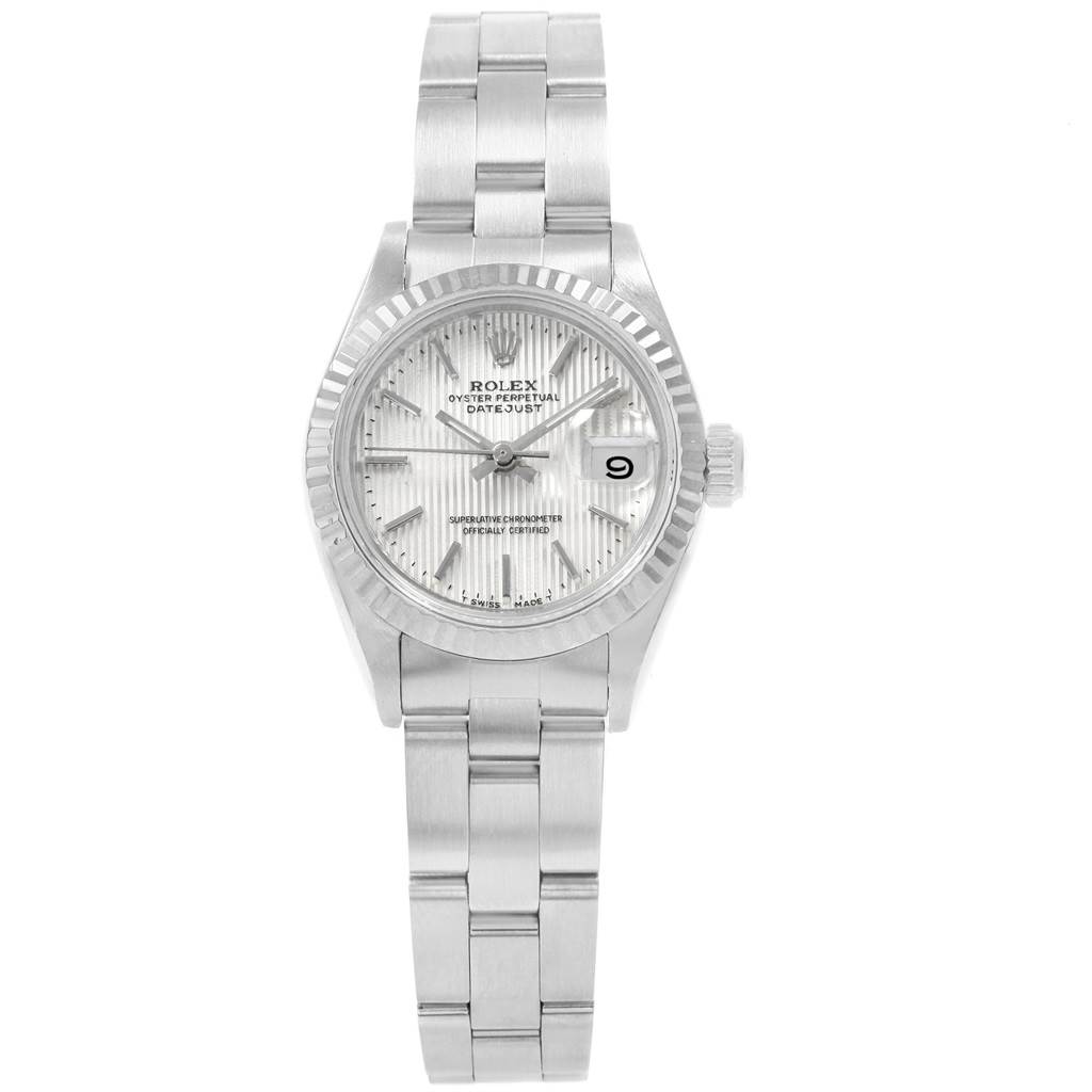 This image shows a Rolex Datejust 69174 Women's Stainless Steel Silver Dial 69174 Women's Stainless Steel Silver Dial model watch from the front, displaying its face, bezel, crown, and bracelet.