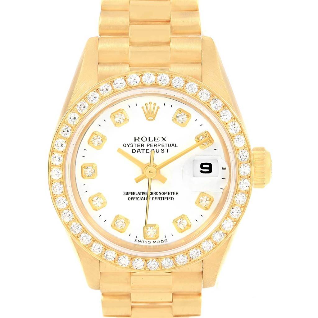 The image shows a Rolex Datejust 79178 Women's Yellow Gold White Dial 79178 Women's Yellow Gold White Dial watch from a front angle, highlighting its gold bracelet, diamond bezel, and white dial.
