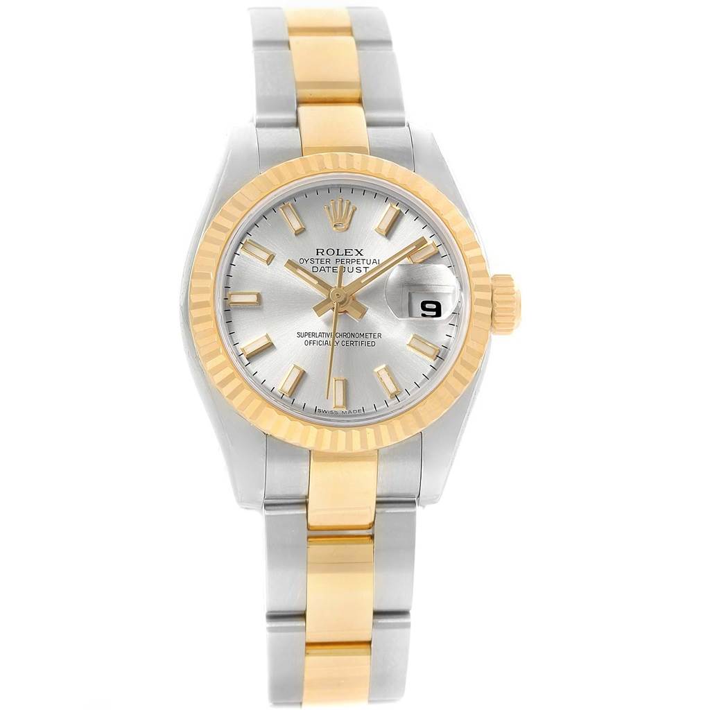 The image shows a front view of the Rolex Datejust 179173 Women's Steel and Gold (two tone) Silver Dial 179173 Women's Steel and Gold (two tone) Silver Dial watch, highlighting the dial, fluted bezel, and two-tone bracelet.