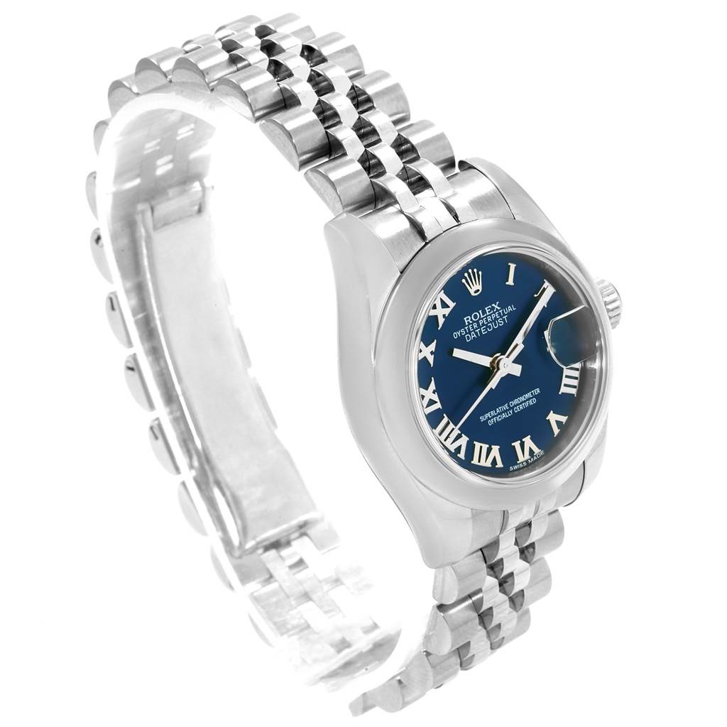 The Rolex Datejust 179160 Women's Stainless Steel Blue Dial 179160 Women's Stainless Steel Blue Dial watch is shown at an angled view with its face, bracelet, and closed clasp visible.