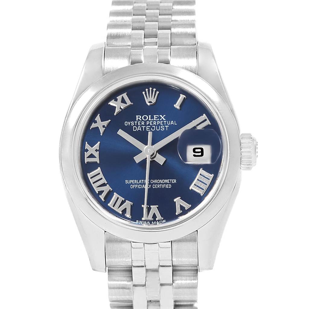 This Rolex Datejust 179160 Women's Stainless Steel Blue Dial 179160 Women's Stainless Steel Blue Dial watch is shown from a front angle, highlighting its blue dial, Roman numerals, date display, and silver bracelet.
