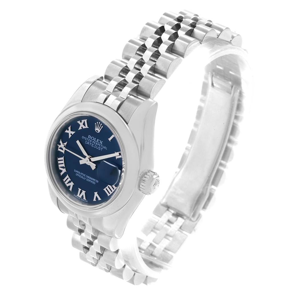 This image shows a Rolex Datejust 179160 Women's Stainless Steel Blue Dial 179160 Women's Stainless Steel Blue Dial watch at a three-quarter angle, displaying the face, bracelet, and crown.