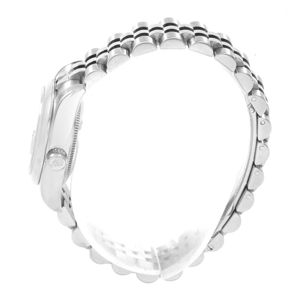 This side view shows the bracelet and crown of the Rolex Datejust 179160 Women's Stainless Steel Blue Dial 179160 Women's Stainless Steel Blue Dial watch.