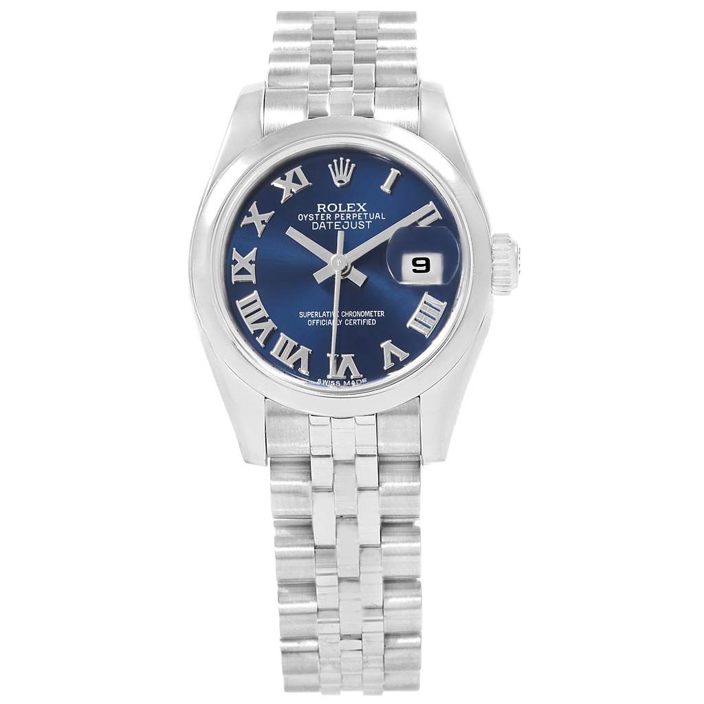 This Rolex Datejust 179160 Women's Stainless Steel Blue Dial 179160 Women's Stainless Steel Blue Dial watch is shown from a top-down angle, displaying its blue dial, Roman numerals, and metal bracelet.