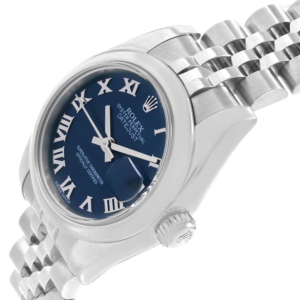 This image shows a partial side view of a Rolex Datejust 179160 Women's Stainless Steel Blue Dial 179160 Women's Stainless Steel Blue Dial watch, highlighting the dial, crown, and part of the bracelet.