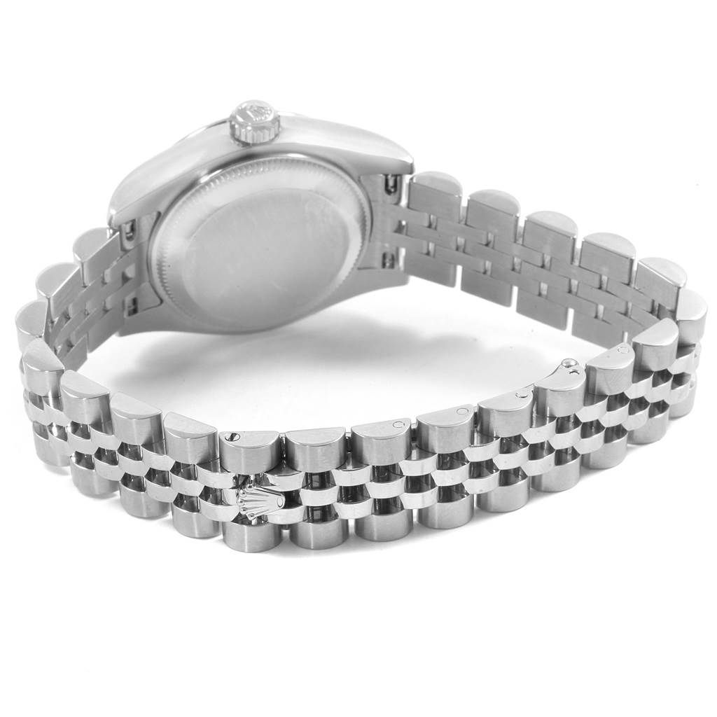 The image shows the back view and bracelet of the Datejust model by Rolex.