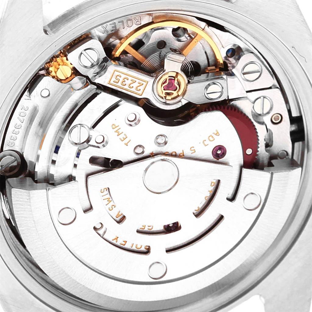 The image shows the inner mechanism and movement of a Rolex Datejust 179174 Women
s Stainless Steel Black Dial 179174 Women
s Stainless Steel Black Dial watch, viewed from the case back angle.