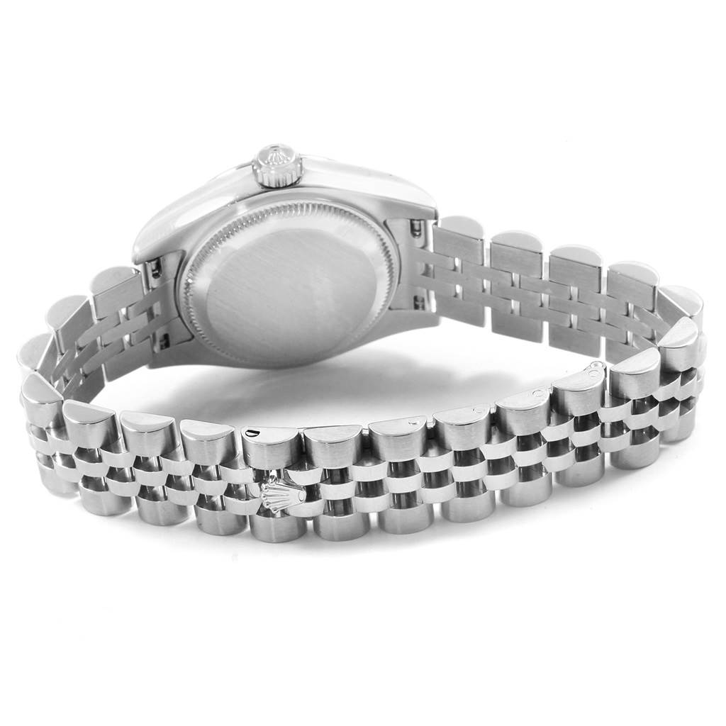 This image shows the back view of a Rolex Datejust 179174 Women
s Stainless Steel Black Dial 179174 Women
s Stainless Steel Black Dial watch, highlighting the case back and Jubilee bracelet.