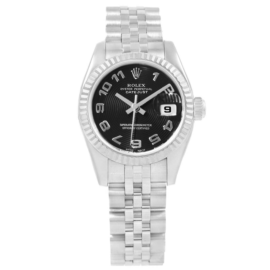 This image shows the front view of a Rolex Datejust 179174 Women
s Stainless Steel Black Dial 179174 Women
s Stainless Steel Black Dial watch, including the bezel, dial, hands, bracelet, and date window.