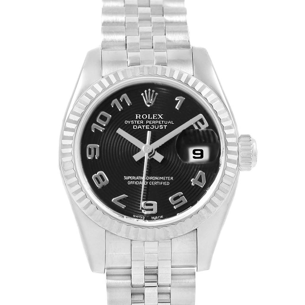 This image shows the front view of a Rolex Datejust 179174 Women
s Stainless Steel Black Dial 179174 Women
s Stainless Steel Black Dial watch, highlighting its black dial, fluted bezel, and Jubilee bracelet.