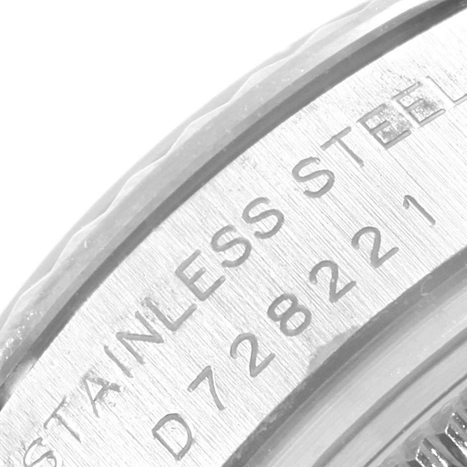 The image shows a detailed close-up of the case back of a Rolex Datejust 179174 Women's Stainless Steel Black Dial 179174 Women's Stainless Steel Black Dial watch, highlighting the "Stainless Steel" engraving.