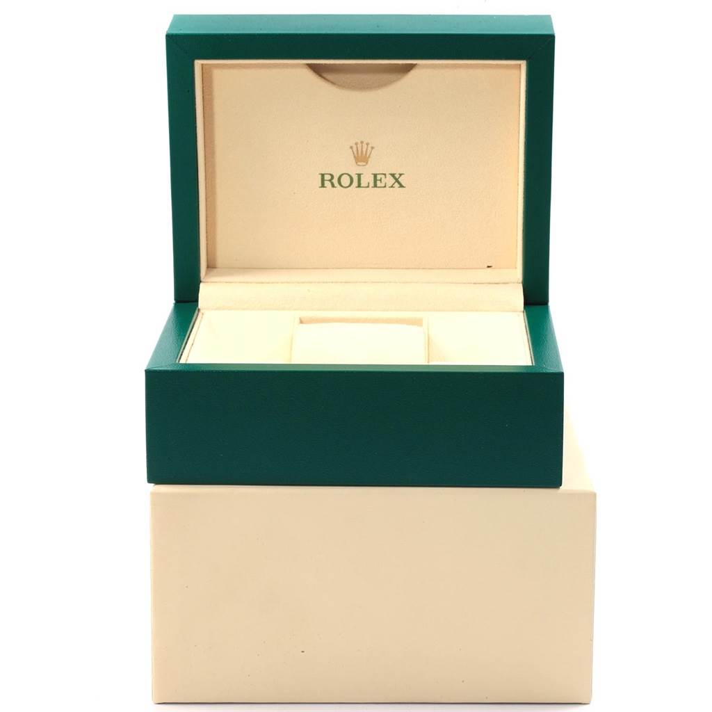 The image shows an open green and cream box for a Rolex Datejust 179174 Women's Stainless Steel Black Dial 179174 Women's Stainless Steel Black Dial, viewed from the front.
