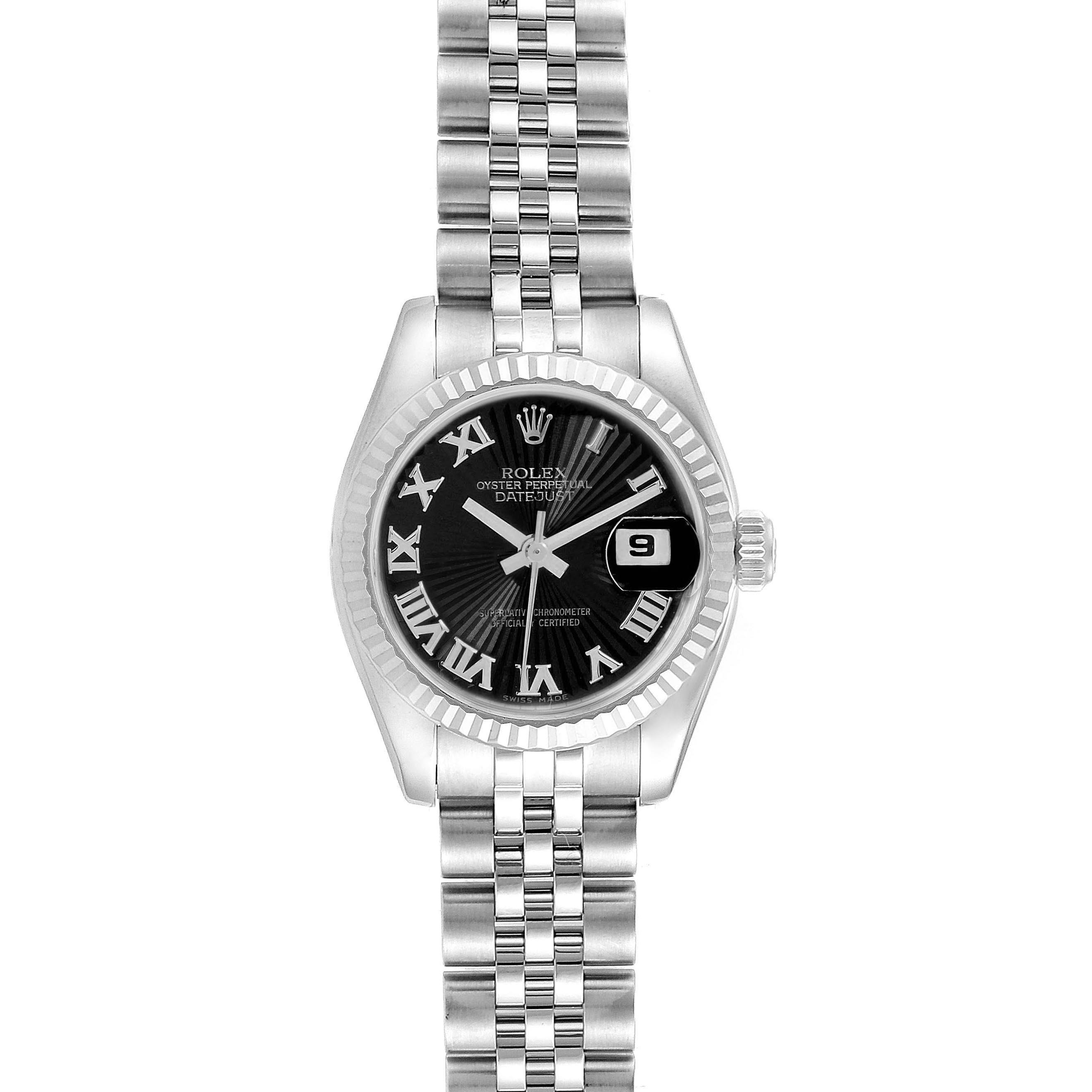 The image shows a Rolex Datejust 179174 Women's Stainless Steel Black Dial 179174 Women's Stainless Steel Black Dial watch from a front angle, displaying the face, bezel, crown, and bracelet.