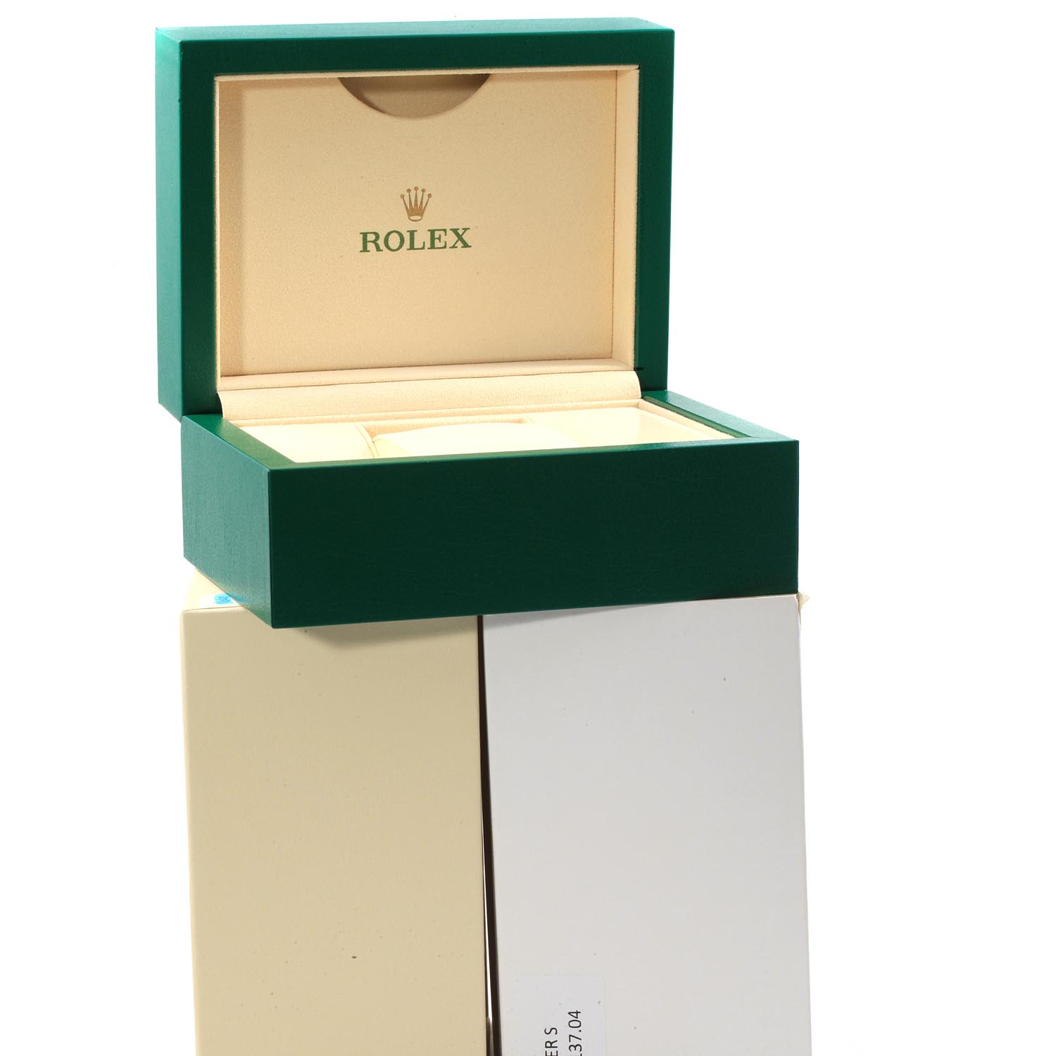 The image shows an open green Rolex Datejust 179174 Women's Stainless Steel Black Dial 179174 Women's Stainless Steel Black Dial watch box from a front angle.