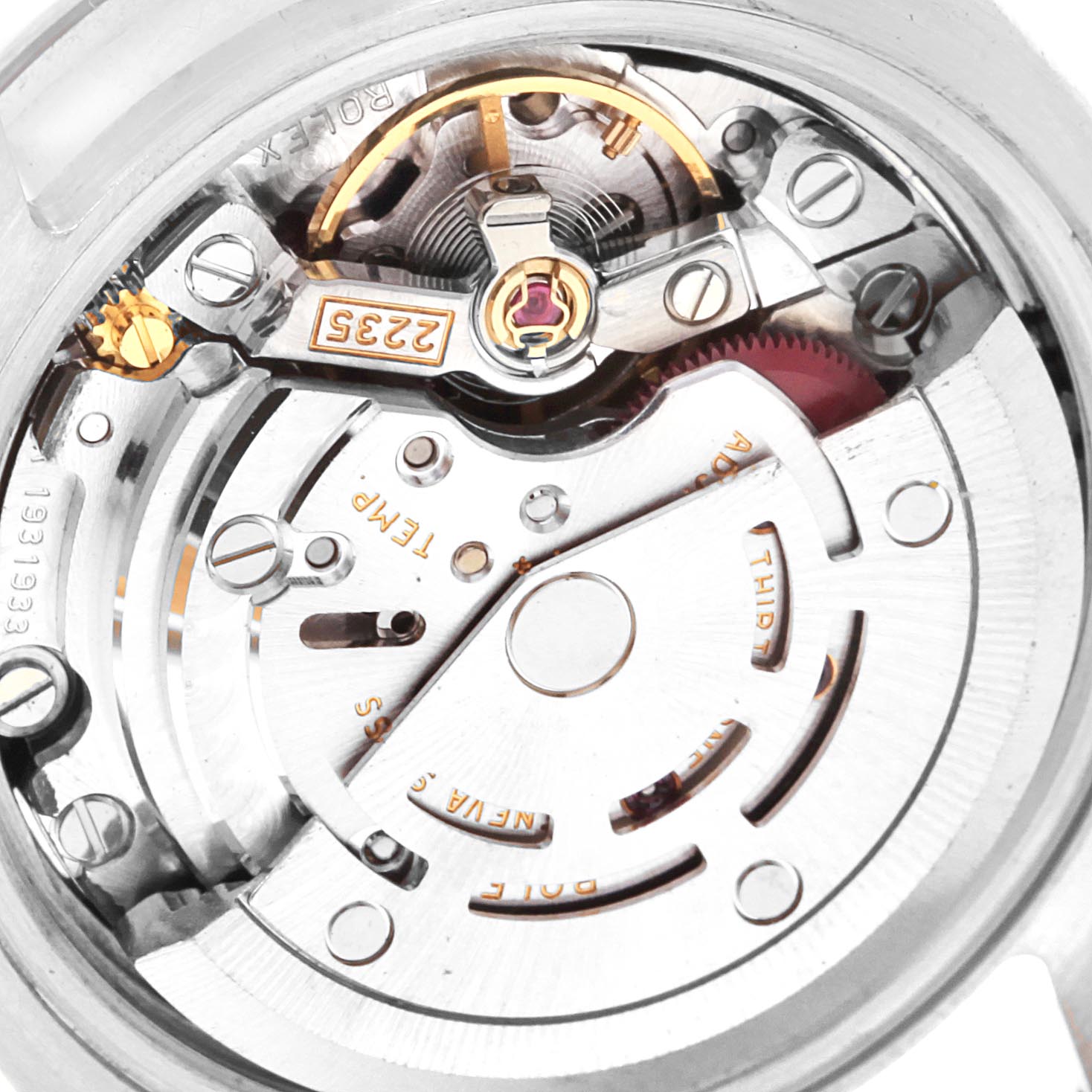 This image shows the Rolex Datejust 179174 Women's Stainless Steel Black Dial 179174 Women's Stainless Steel Black Dial watch's movement from the back, highlighting the intricate internal mechanisms.