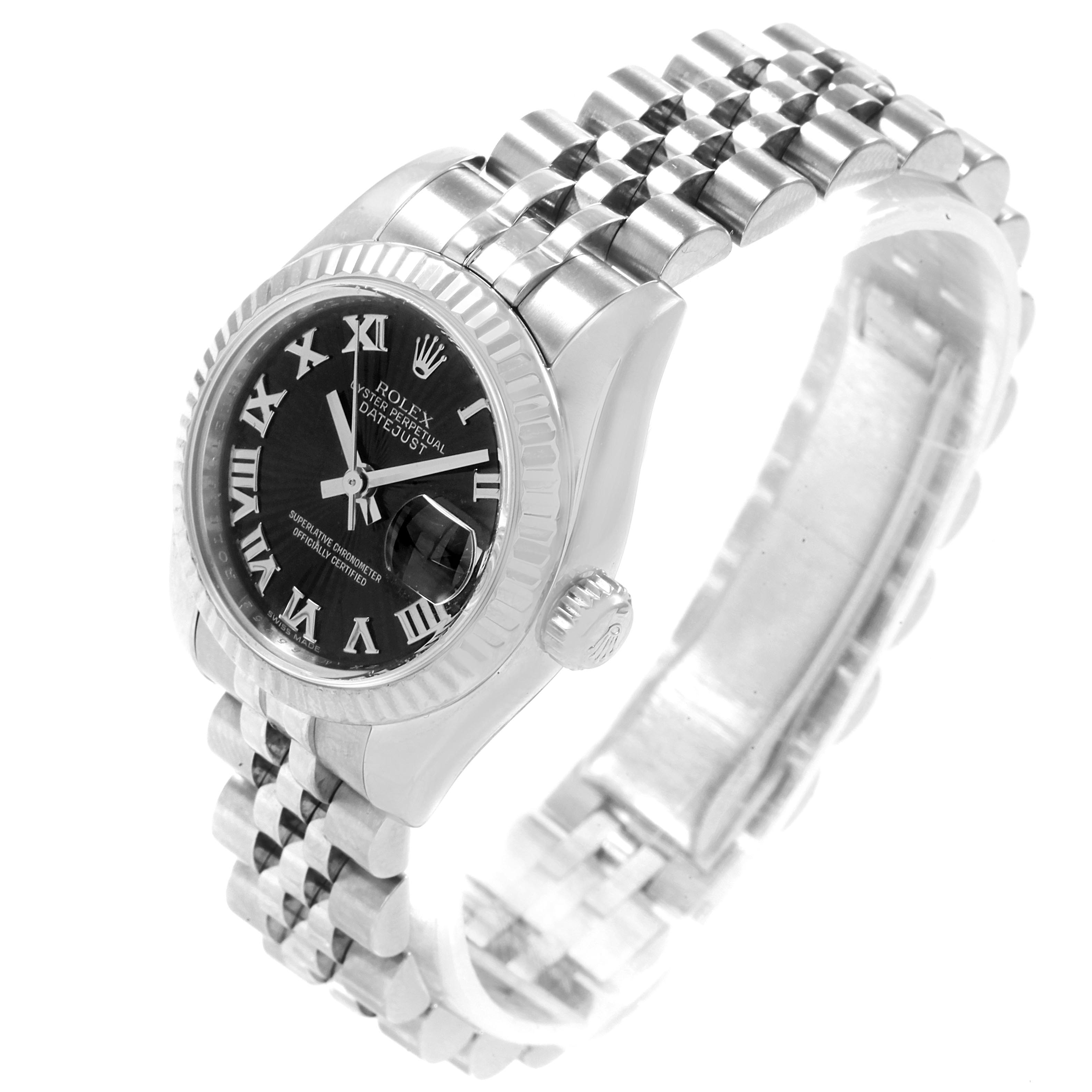 The Rolex Datejust 179174 Women's Stainless Steel Black Dial 179174 Women's Stainless Steel Black Dial watch is shown at an angled view, displaying its face, bezel, crown, and bracelet.