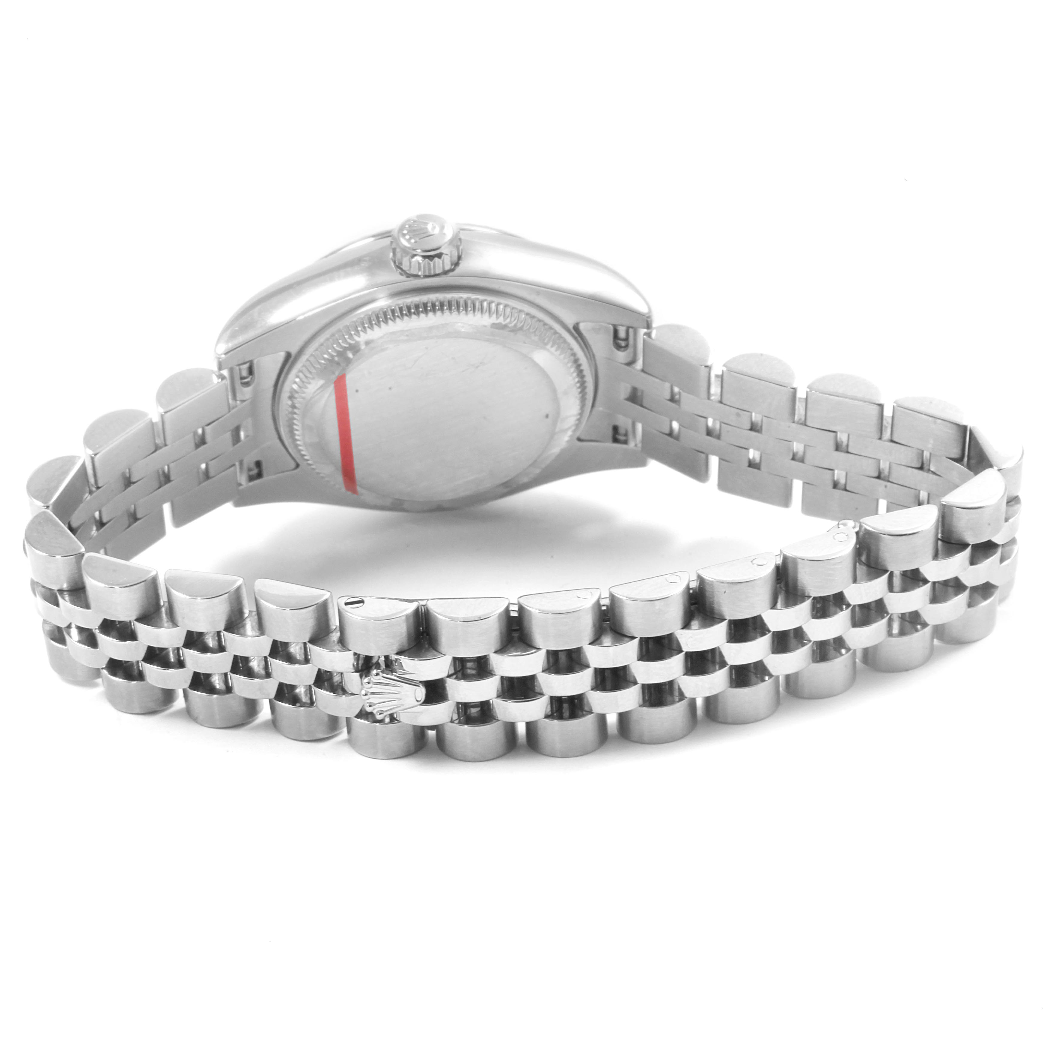 This image shows the back case, crown, and bracelet of a Rolex Datejust 179174 Women's Stainless Steel Black Dial 179174 Women's Stainless Steel Black Dial watch.