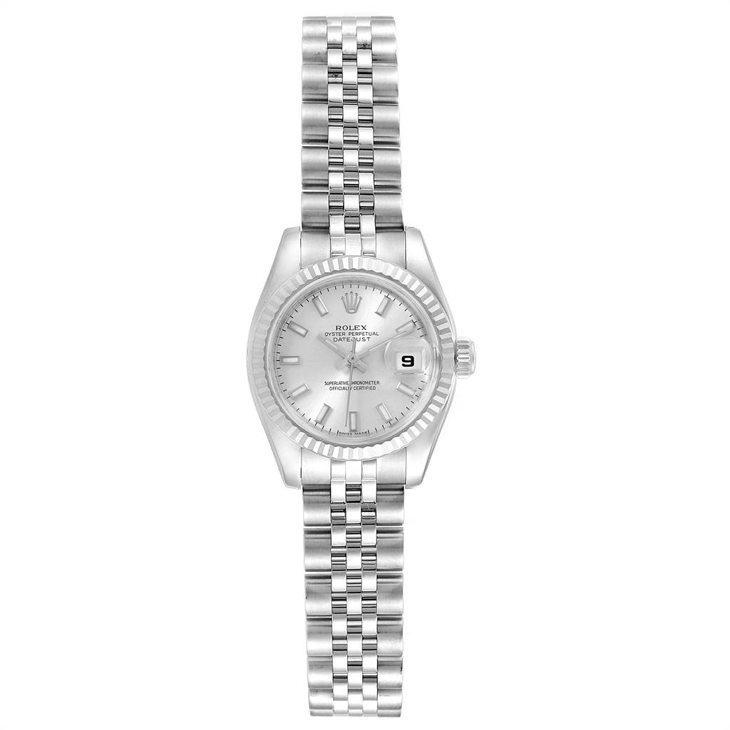 The image shows a frontal view of the Rolex Datejust 179174 Women's Stainless Steel Silver Dial 179174 Women's Stainless Steel Silver Dial watch, highlighting its dial, bezel, crown, and bracelet.