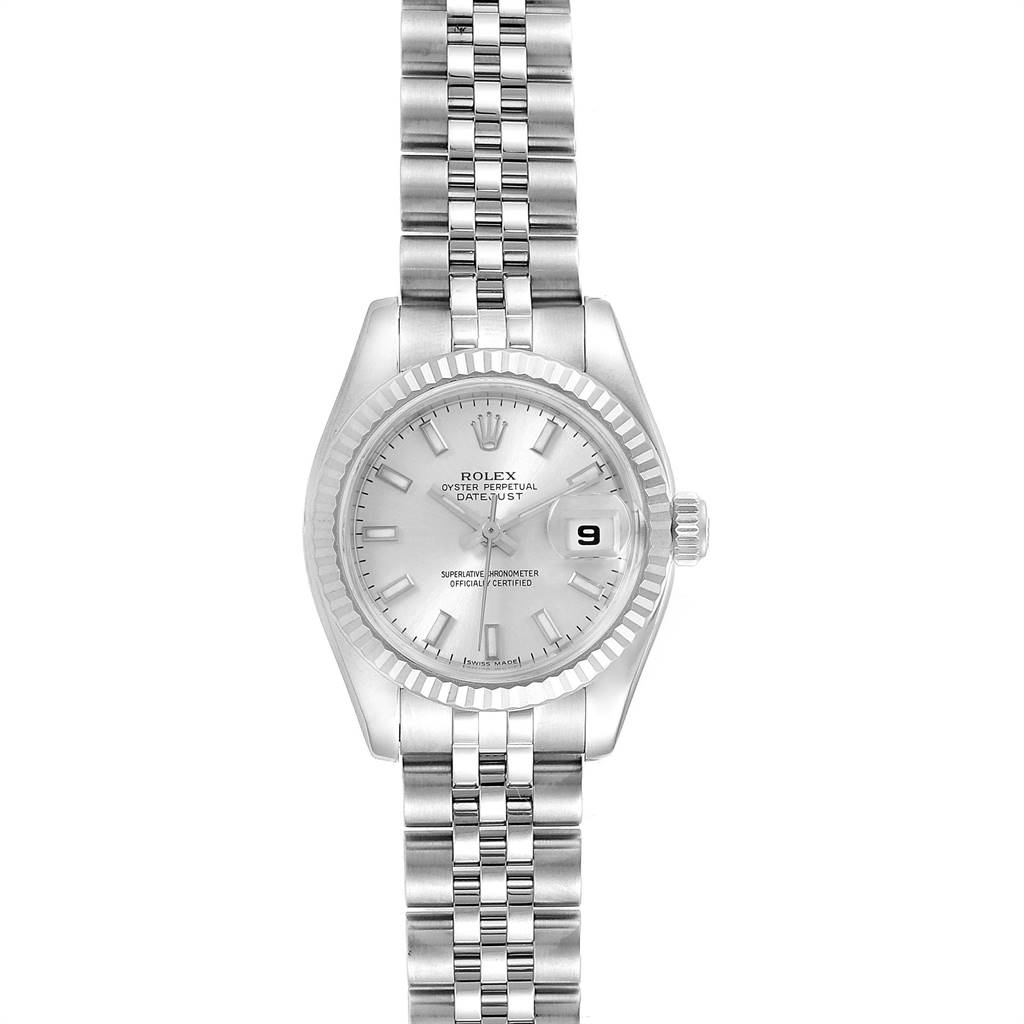 This image shows a frontal view of the Rolex Datejust 179174 Women's Stainless Steel Silver Dial 179174 Women's Stainless Steel Silver Dial watch, featuring the dial, bracelet, and fluted bezel.
