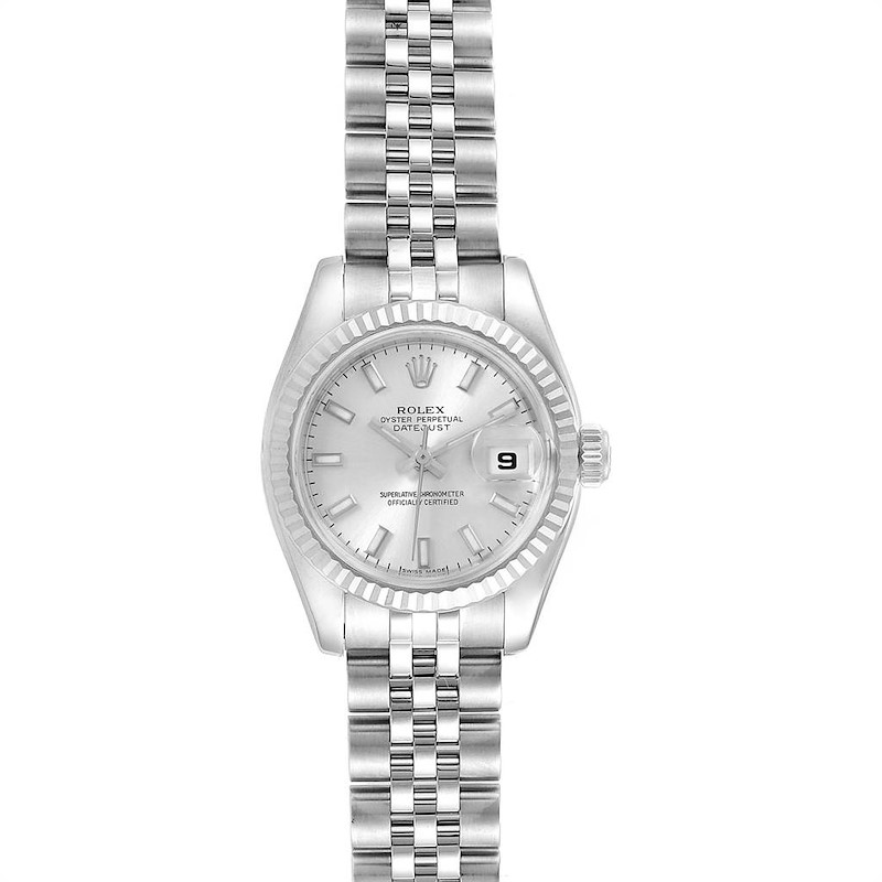 Rolex Datejust 26 Steel White Gold Silver Baton Dial Ladies Watch 179174 SwissWatchExpo
