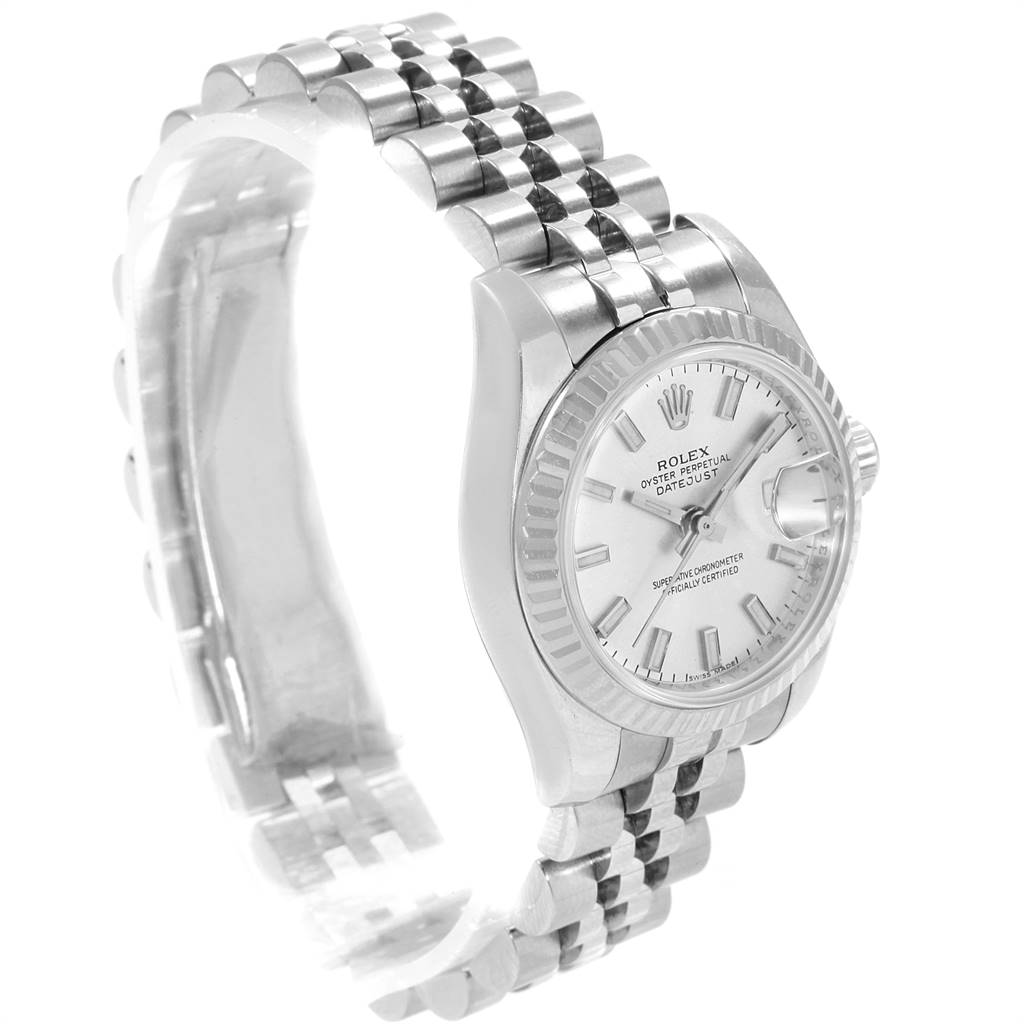 The image shows a side angle of the Rolex Datejust 179174 Women's Stainless Steel Silver Dial 179174 Women's Stainless Steel Silver Dial watch, highlighting the face, bezel, and metal bracelet.