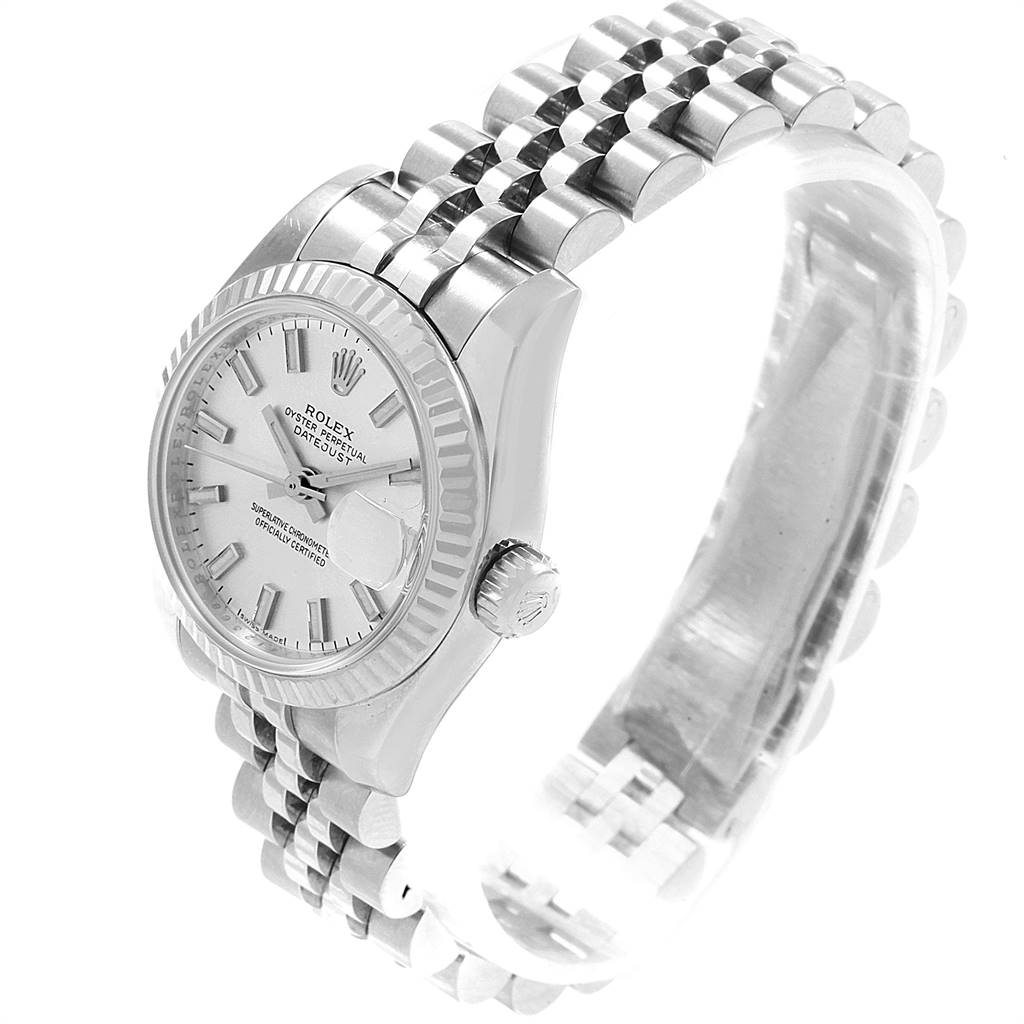 The image shows a Rolex Datejust 179174 Women's Stainless Steel Silver Dial 179174 Women's Stainless Steel Silver Dial watch at an angled top view, highlighting its face, bezel, crown, and part of its bracelet.