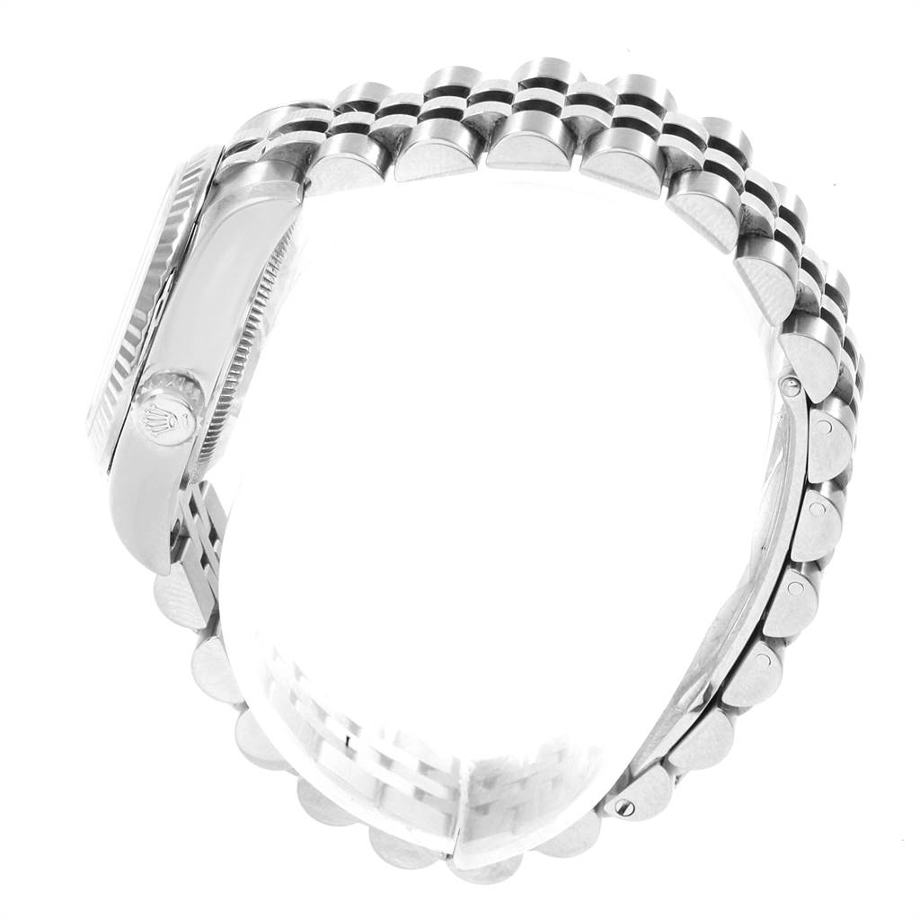 This image shows the side view of a Rolex Datejust 179174 Women's Stainless Steel Silver Dial 179174 Women's Stainless Steel Silver Dial model watch, highlighting its case and bracelet.