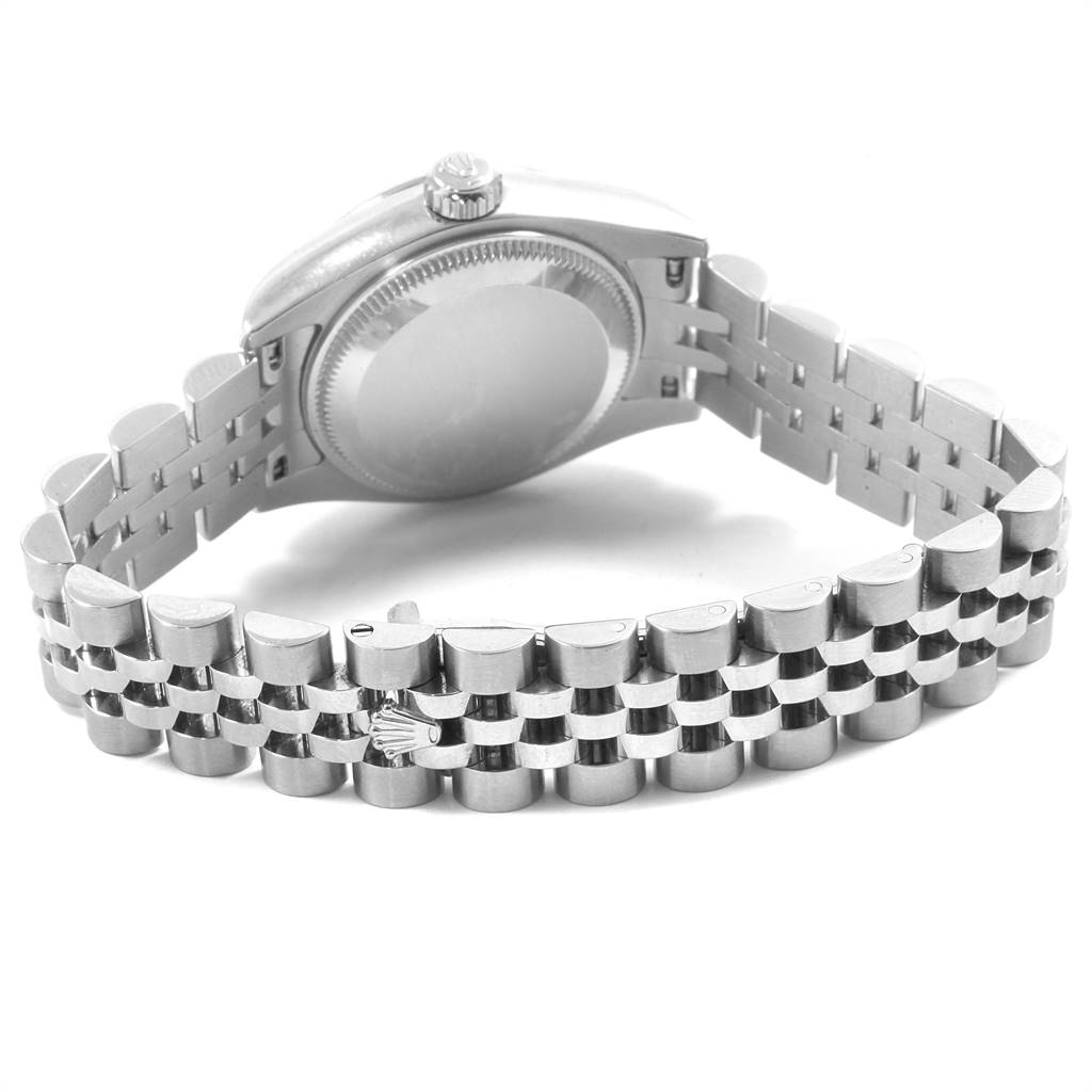 This image shows the back case and bracelet of a Rolex Datejust 179174 Women's Stainless Steel Silver Dial 179174 Women's Stainless Steel Silver Dial watch from a rear angle.