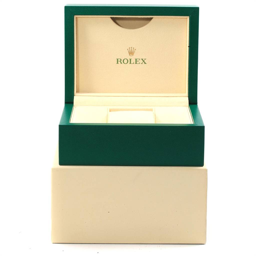 The image shows an open green and cream watch box for the Rolex Datejust 179174 Women's Stainless Steel Silver Dial 179174 Women's Stainless Steel Silver Dial model with the Rolex logo inside.