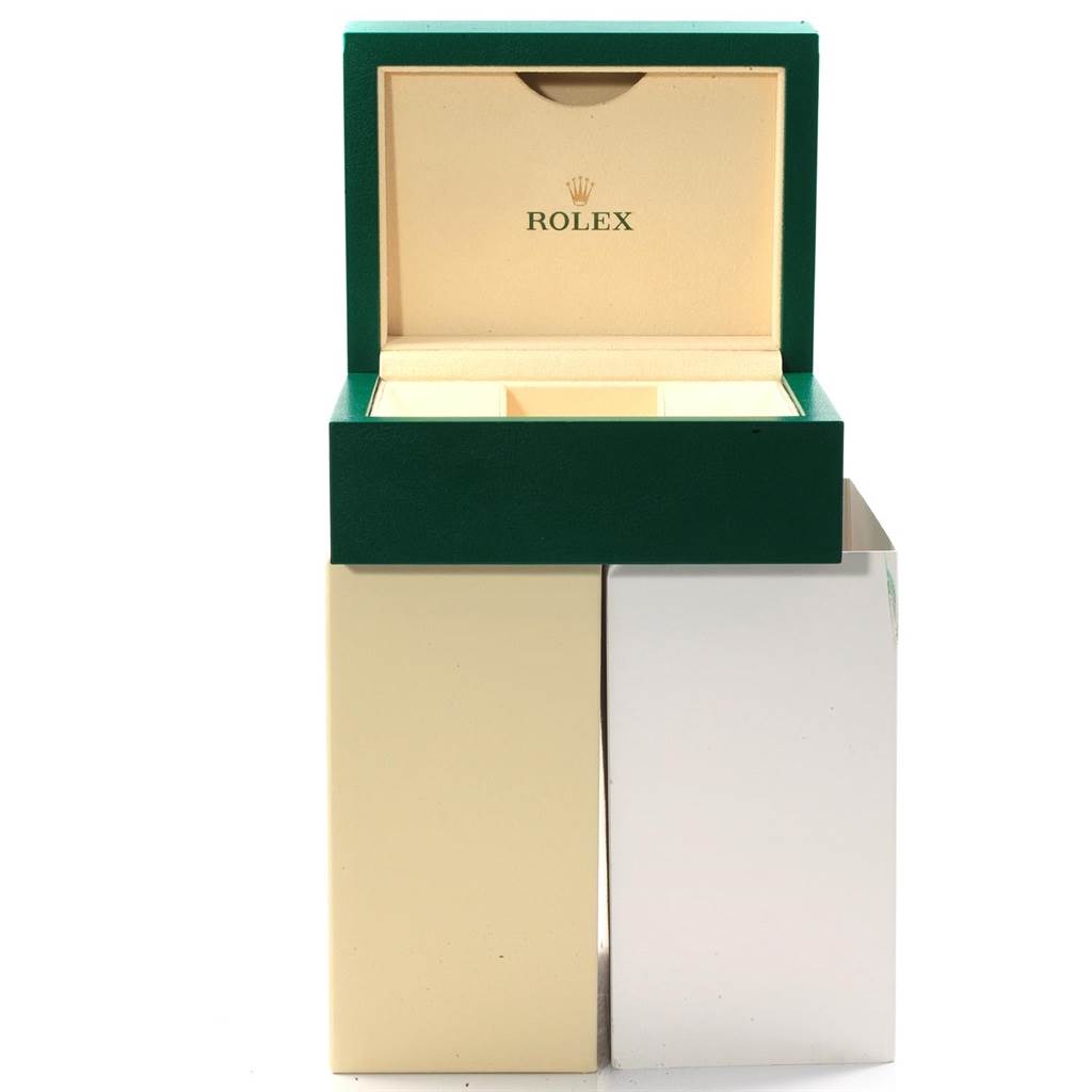 The image shows an open Rolex Datejust 179174 Women's Stainless Steel Silver Dial 179174 Women's Stainless Steel Silver Dial watch box from the front, displaying the inner lining with the Rolex logo.
