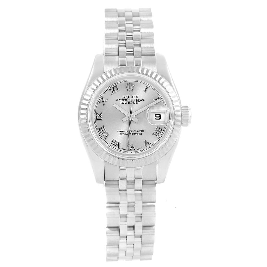 This image shows a front view of a Rolex Datejust 179174 Women's Stainless Steel Silver Dial 179174 Women's Stainless Steel Silver Dial watch, displaying its dial, bezel, crown, and metal bracelet.