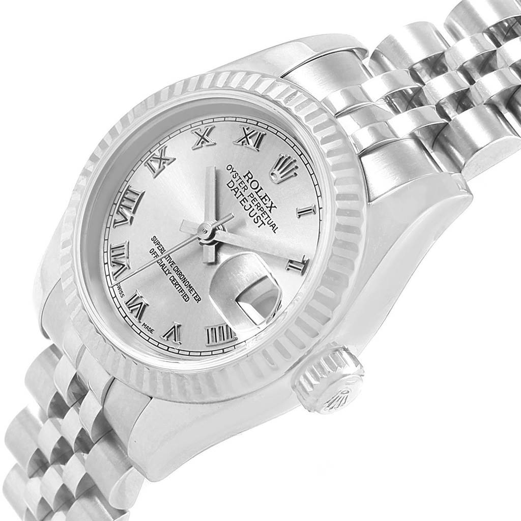 This image shows a close-up angle of the Rolex Datejust 179174 Women's Stainless Steel Silver Dial 179174 Women's Stainless Steel Silver Dial watch, highlighting the dial, bezel, crown, and part of the bracelet.