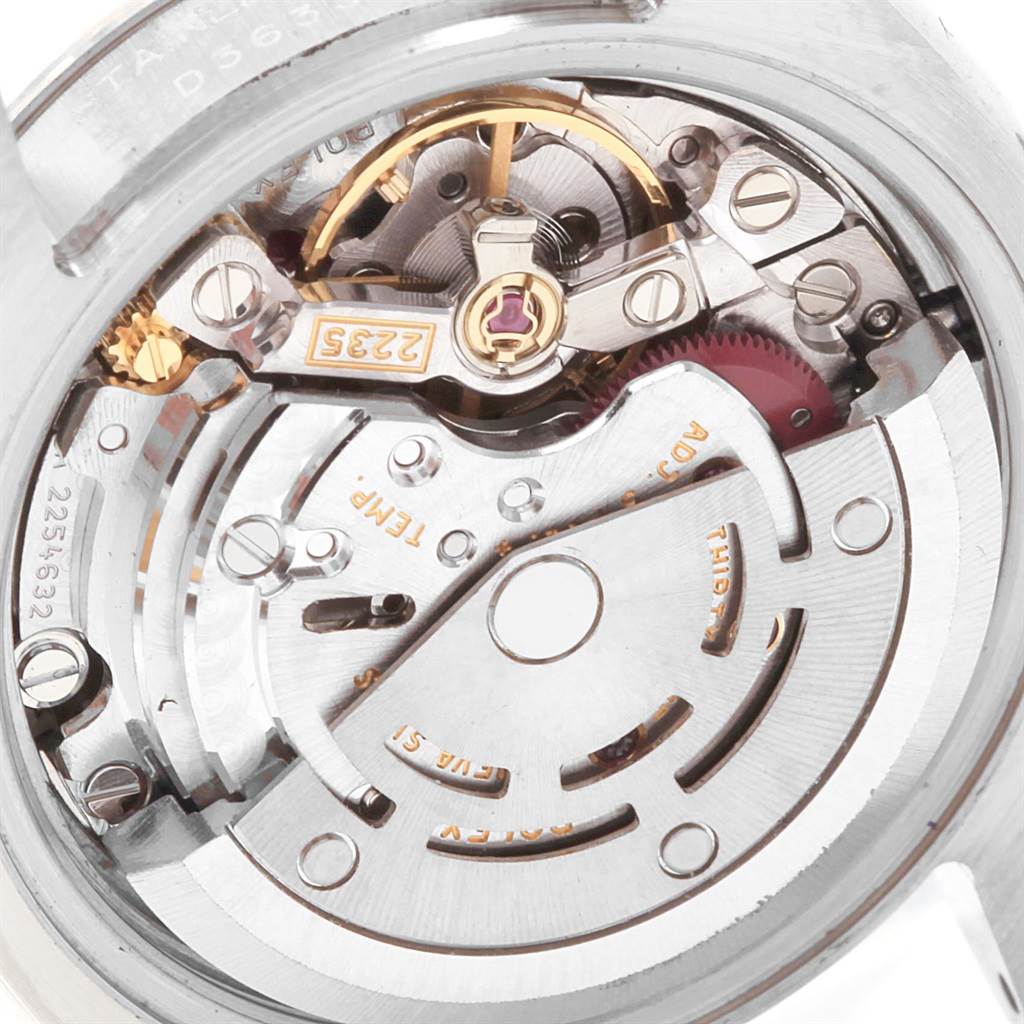 The image shows the interior mechanism of a Rolex Datejust 179174 Women's Stainless Steel Silver Dial 179174 Women's Stainless Steel Silver Dial watch, viewed from the back case.