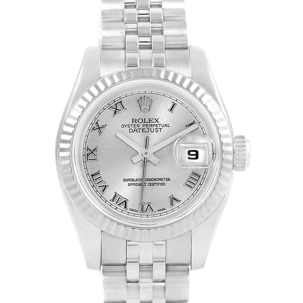 The image shows a front view of the Rolex Datejust 179174 Women's Stainless Steel Silver Dial 179174 Women's Stainless Steel Silver Dial watch, highlighting the face, dial, and bracelet.