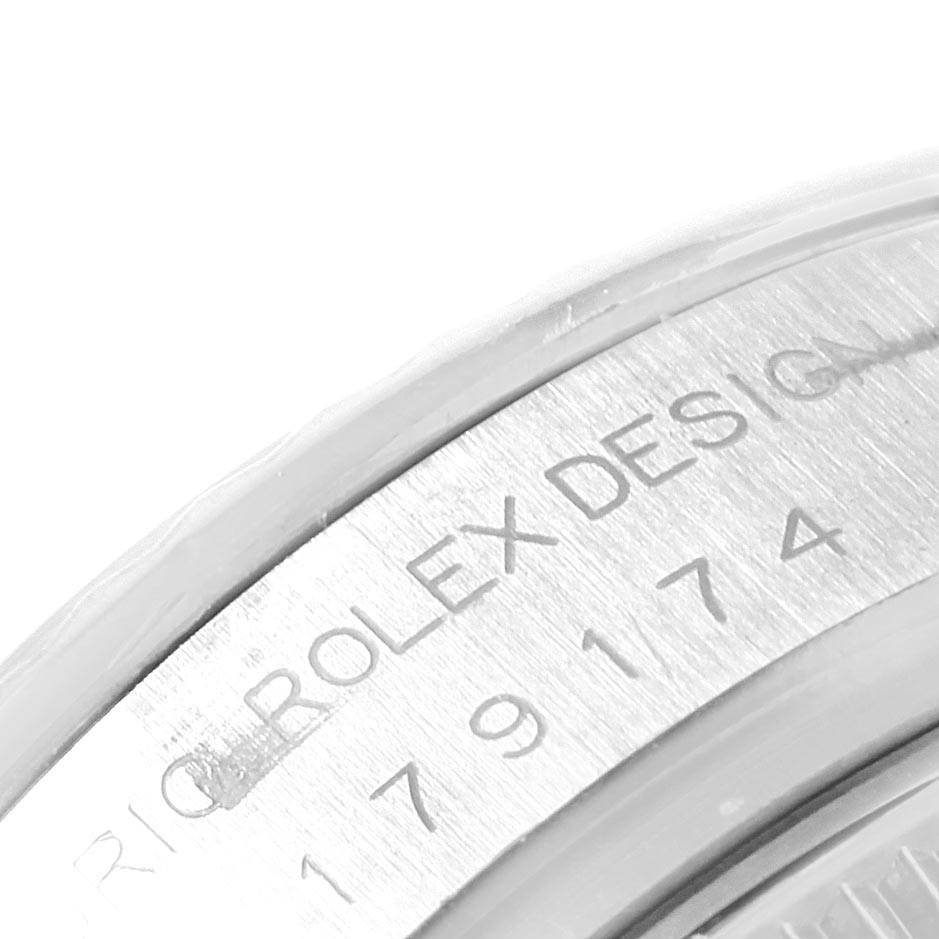 The image shows a close-up of the side engraving on a Rolex Datejust 179174 Women's Stainless Steel Silver Dial 179174 Women's Stainless Steel Silver Dial watch, displaying the model number.