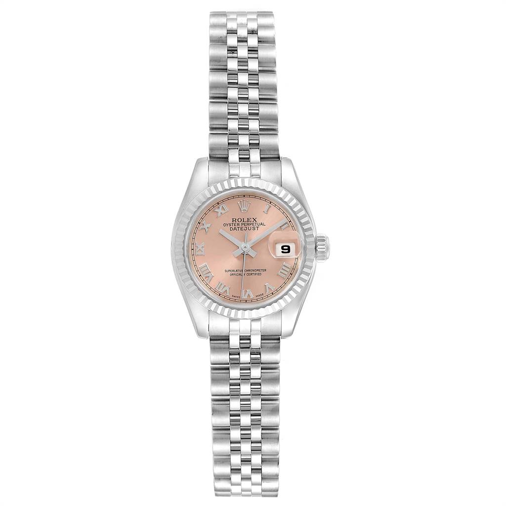 The image shows a front view of a Rolex Datejust 179174 Women's Stainless Steel Pink Dial 179174 Women's Stainless Steel Pink Dial watch with a silver bracelet and a pink dial.