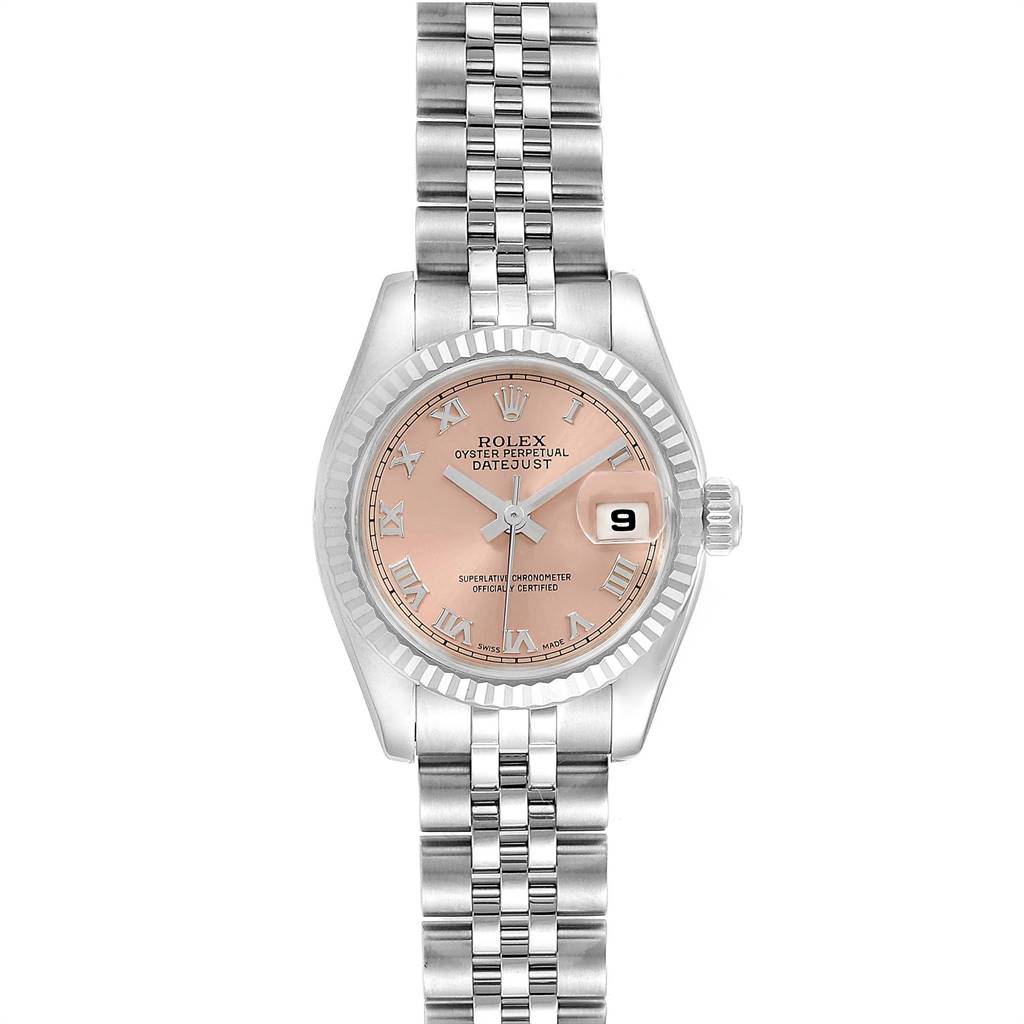 This image shows a front view of the Rolex Datejust 179174 Women's Stainless Steel Pink Dial 179174 Women's Stainless Steel Pink Dial watch, displaying the dial, bezel, crown, and bracelet.