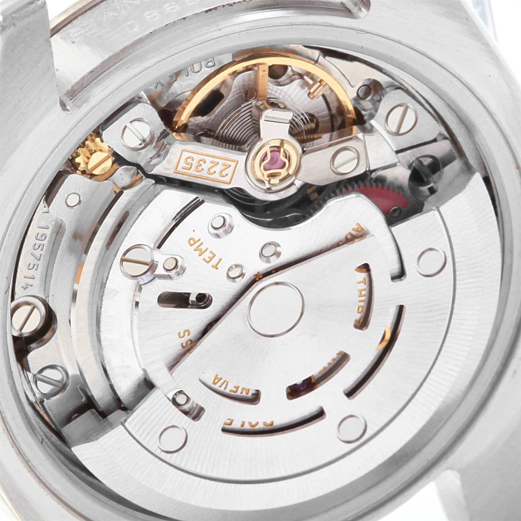 The image shows a close-up view of the movement mechanism inside a Rolex Datejust 179174 Women's Stainless Steel Pink Dial 179174 Women's Stainless Steel Pink Dial watch.