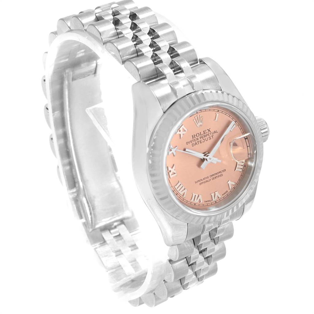 This image shows a Rolex Datejust 179174 Women's Stainless Steel Pink Dial 179174 Women's Stainless Steel Pink Dial watch at a three-quarter angle, displaying its face, bezel, and bracelet.